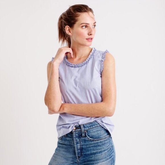 J. Crew Womens Blouse Size 8 Blue Ruffles-trim striped - Picture 1 of 8